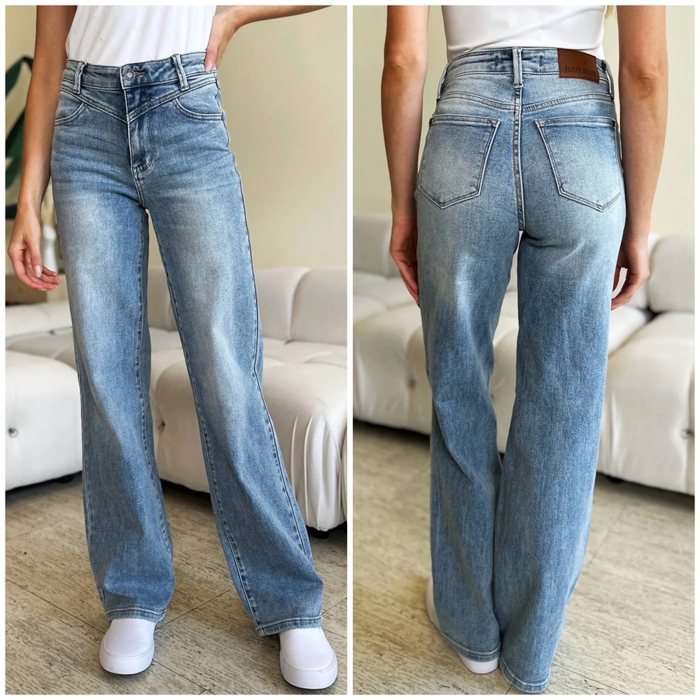 NWT Judy Blue High Rise Retro Fit Wide Leg Jeans Front Yoke Medium Blue 11 / 30